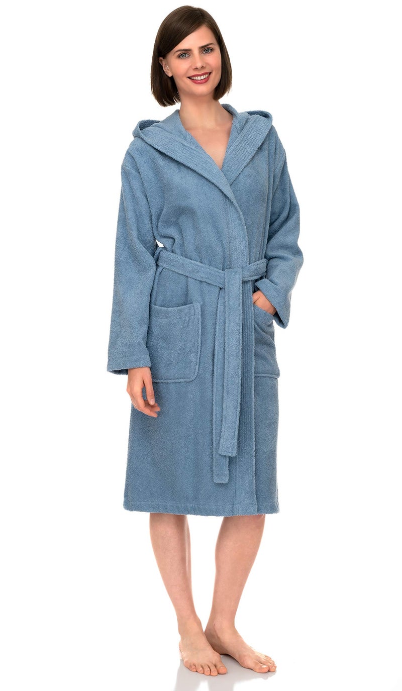 TowelSelections Womens Hooded Robe Cotton Soft Towel Bathrobe Terry Cloth Shower Bath Robes for Women X-Small Blue - Image 1